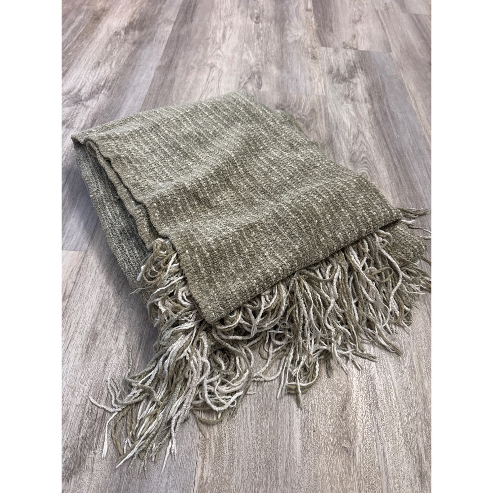 Restoration Hardware Sage Green Textured Fringe Throw Blanket 48x68 Cotton Rayon